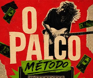 Capa de O Palco: guitarrista e amplificador sobre uma colagem vermelha, preta, creme e verde.